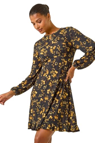 Image of Roman Women Gathered Chest Dress Ladies Stretchy Fit & Flare Swing Tea A Line Skater Knee Length Long Sleeve Midi Smart Casual Work Going Out Cocktail Party - Gold - Size 12
