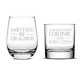 Integrity Bottles Premium Game of Thrones Set of 2, Wine Glass (Mother of Dragons) Whiskey Glass (I Drink and I Know Things) Hand Etched 14.2oz Stemless + 10oz Rocks Glass, Made in USA, Sand Carved