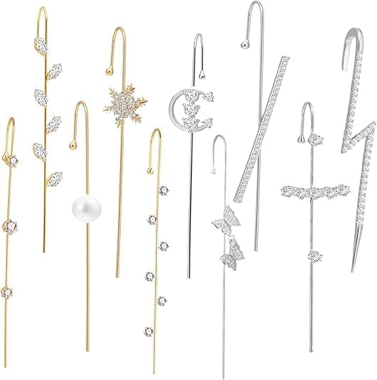 Ear Crawler Earrings for Women, Rhinestone Helix Hook Earrings Crawling Earring with Leaf Pearl Moon Butterfly Snowflake & Lightning Bolt, Trendy Crawler Ear Cuff Jewelry Gifts