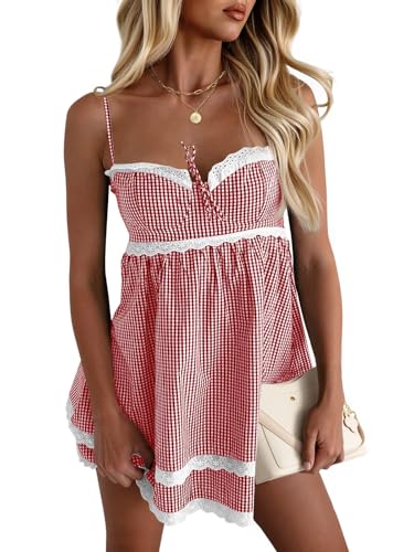 Image of Wenrine Womens Summer Mini Dress Spaghetti Strap Sweetheart Y2K Plaid Lace Trim Tiered Beach Sundress Dresses
