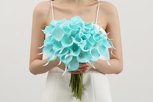 Image of SITUMEIZI 24 Pcs Peacock Blue Fake Flowers Artificial Calla Lily