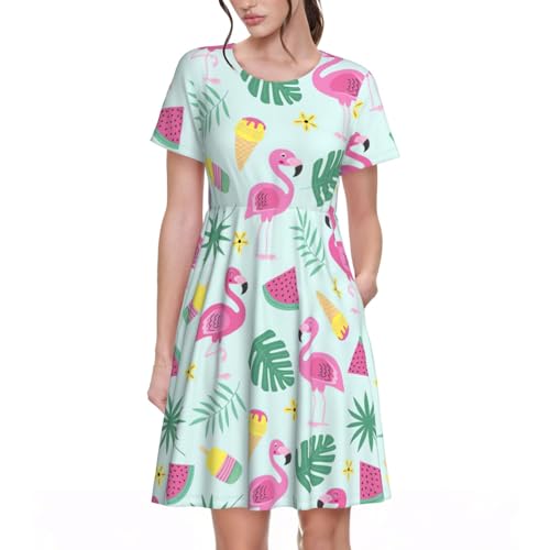 Robe d'été élégante à motif flamant rose pour femme avec imprimé fruits et crème glacée