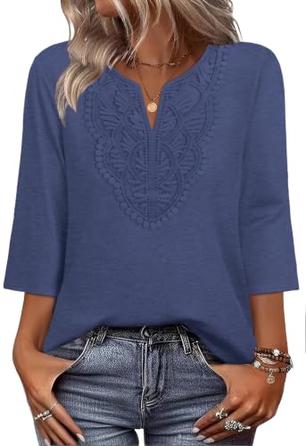Image of WIHOLL 3 /4 Length Sleeve Womens Tops Boho V Neck Lace Shirt Trendy Blouses Dressy Casual Vacation Clothes S-3XL