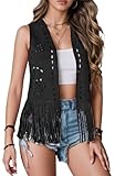 Happy Cherry Cowgirl Western Outfits 70s Hippie Sleeveless Hollow Out Faux Suede Tassel Outerwear Womens Fringe Vest XX-Large Black