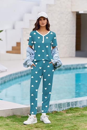 Image of Ekouaer Pajamas for Women Set 2 Piece Fall Lounge Sets Short Sleeve Pjs Joggers Long Pants Sleepwear with Pockets
