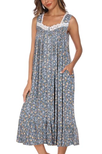 Image of AVIIER Cotton Nightgowns for Women Sleeveless House Dress Ladies Long Nightdress with Pockets S-XXL