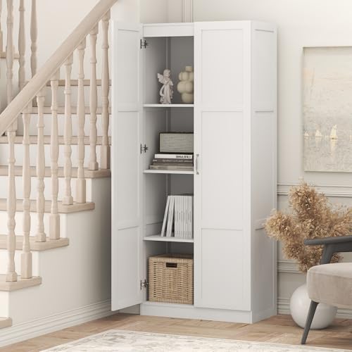 Image of Furinno Robin 4-Tier White Storage Cabinet, 30-Inch Pantry Cabinet with Adjustable Shelves & 2 Shaker-Doors, Kitchen Cabinet, Organization and Storage, for Pantry, Home Office, Plain White
