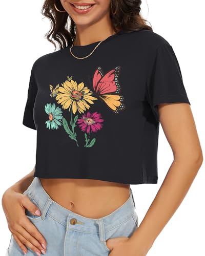 Image of Womens Summer Crop Tops Short Sleeve Round Neck T-Shirts Loose Fit Casual Blouse 2026