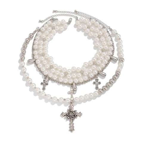 Nylry 3PCS Layered Pearl Cross Choker Necklaces for Women Vintage Silver Chunky Gothic Cross Pendant Necklace Y2k Pearl Stacked Chain Choker Statement Necklace Goth Jewelry Accessories for Women-White Cover