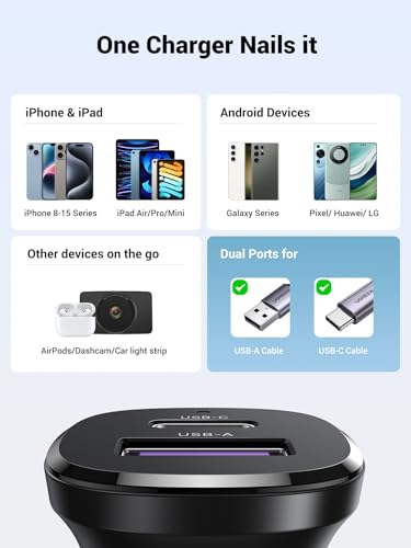 Image of UGREEN 30W USB C Car Charger, Dual Port Cigarette Lighter Adapter