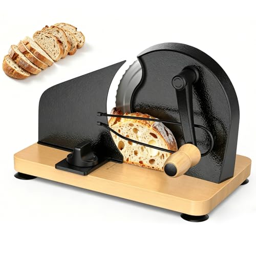 Brotschneidemaschine Manuell mit Handkurbel | Einstellbare Scheibendicke | Scharfe Edelstahlklinge & Buchenholz Basis | Rutschfest durch Saugnäpfe | Kompakt für selbstgemachtes Brot & Sauerteigbrot