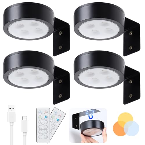 Image of 4 Pack Wireless Picture Lights for Wall, Magnetic Rechargeable Picture Light Battery Operated with Remote 3 Lighting Modes Painting Light for Art Display, Battery Wall Lights for Photo Gallery, Black