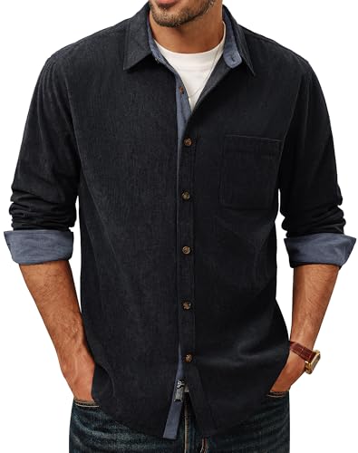 PJ PAUL JONES Men's Corduroy Button Down Shirt, Long Sleeve Casual Collared Shirts for Men Fall Outdoor Work Wear Black