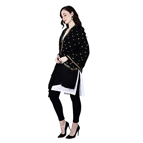 SWI WITH LABEL Chal de lana pura bordado a mano de Cachemira para mujer, negro, free size