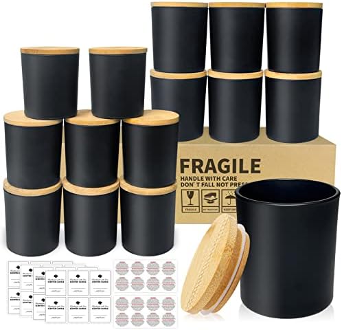 SUPMIND 15 Pack Candle Glass Jars- 7oz Matt Black Empty Candle Jars with Bamboo Lids and Sticky Labels, Bulk Candle Jars for Making Candles Containers - Dishwasher Safe