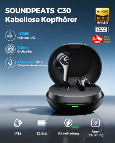SoundPEATS C30 Hybrid ANC In-Ear Kopfhörer, Schwarz – Ansicht 2