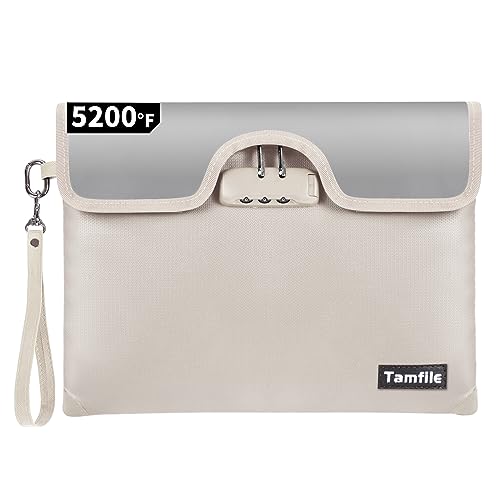 Tamfile 5200°F Fireproof Money Bag with Lock, Water Fireproof Document Bag with Zipper, 8 Layers Fire Insulation, Small Fireproof Safe Storage Pouch with Lock for Cash, Passport, (8.3" x 11", Beige