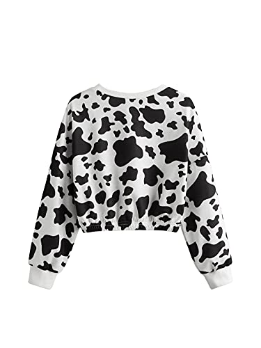 Milumia Girl's Cow Print Crewneck Long Sleeve Crop Sweatshirt Elastic Hem Pullover Top Black And White 8 Years #TOP1