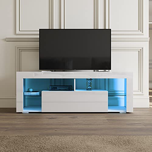 SIRHONA LED Meuble TV Blanc, avec 2 Compartiments et 1 Portes Bois avec Rangement, Meuble Télé en Verre, avec éclairage LED RVB 16 Couleurs, Salon Chambre,...