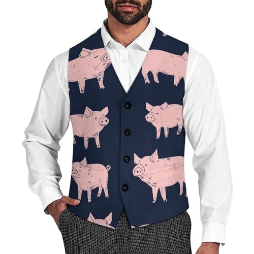 Cute Pigs Formal Suit Vest for Men with Pockets for Business Casual Dress Tuxedo Slim Fit