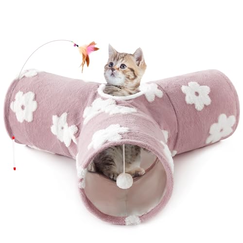 Image of Tempcore Flannel Cat Tunnel for Indoor Cats, 3 Way Collapsible Pet Play Tunnel with Teaser Wand, Peek Holes & Hanging Ball, Interactive Tube for Kittens & Rabbits, Daisy Burlwood