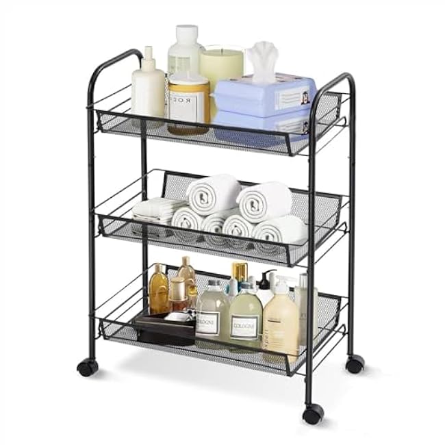 3 Tier Rolling Cart, Rust-Resistant Mesh Wire Metal Utility Cart with Wheels & 4 Side Hooks, Tool-Free Assembly, for Kitchen, Bathroom, Laundry Room, Living Room, Pantry, Dorm-fXtBsuwo