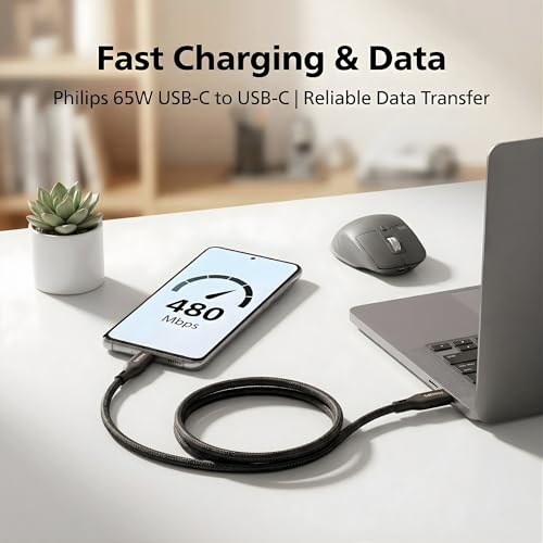 Image of PHILIPS DLC4150CB /94 65W Type-C to Type-C Fast Charging Cable (1.5m, Dark Slate) | Nylon Braided | Compatible with iPhone 15+ Series, USB-C iPad Models, Samsung Galaxy & All Type C Devices