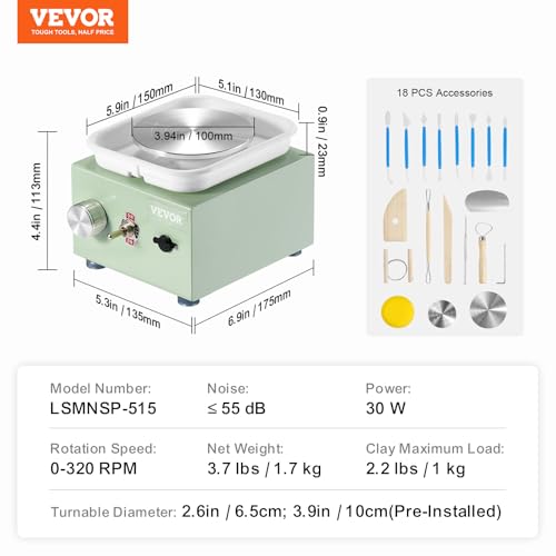 VEVOR Mini Pottery Wheel for Kids and Adults, 2 Turntables 2.6in/3.9in, 0-320RPM Speed Adjustable, Complete Pottery Kit With 18pcs Accessories Tools, Craft Christmas Gifts for Kids Teens Adults, Green by VEVOR - Image 7