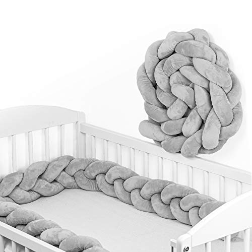 Bettschlange Baby geflochten Bettumrandung - Bettrolle für Babybett nestchen schlange Nestchenschlange Grau Zopf mit drei Strängen 150 cm