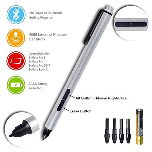 Surface Pro Pen, 4096 Levels of Pressure Surface Stylus Pen for Surface Pro 3 Pro 4 with Eraser Function and 2 Tips- Silver