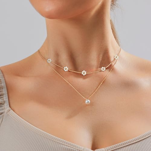 Image of Zeffy Gold Pearl Necklace for Women, Dainty 14K Gold /Silve Plated Layered Pearl Choker Pearl Earrings Pearl Bracelets Wedding Trendy Gold Jewelry Set for Women Gifts