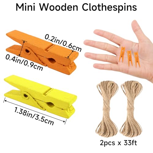 joycraft Mini Wooden Clothespins with String - 100Pcs Colorful Craft Clips, 1.4 in Photo Holder Hanging Clips for DIY Craft, Wedding Party Decor, Classroom Projects, Photo Wall