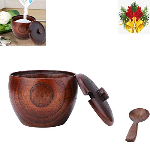 Simlug 1Pc Wooden Spice Jar, Solid Wood Seasoning Pot Sugar Bowl with Spoon Lid