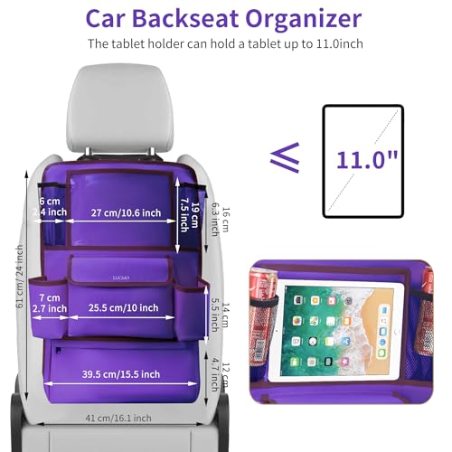 Image of LUCMO Car Backseat Organizer with Touch Screen Tablet Holder, Dark Purple | 9 Storage Pockets,Clear Tablet Holder,Protectors Kick Mats,Travel Accessories,Seat Cover,Road Trip Essentials