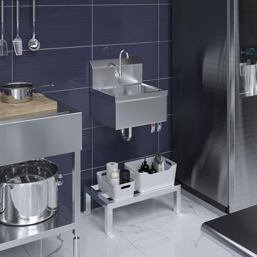 Image of Hands-Free Wall-Mounted Stainless Steel Hand Sink, 17 in x 15 in, with Double Knee Valves and Faucet