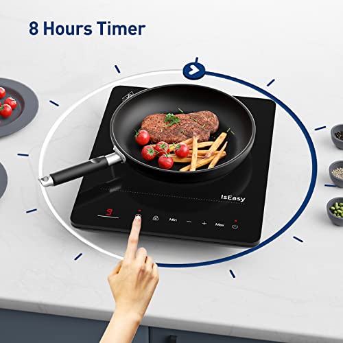 Foto von Induktionskochfeld 1 Platte, IsEasy Einzel Induktionskochplatte 2100W, 28cm kochplatte, Tragbares mit Kindersicherung, 9 Heizstufen, 8-Stunden-Timer, Max/Min-Funktion, Schwarz