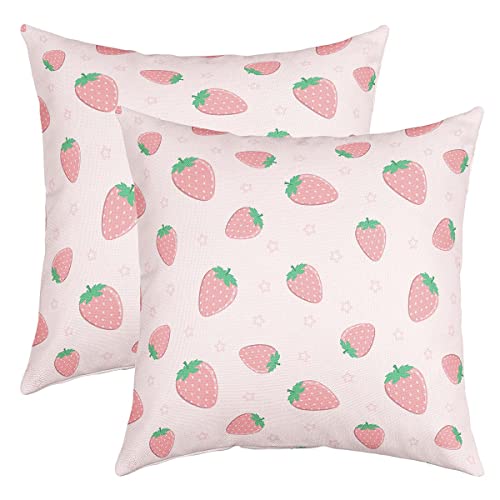 Feelyou Set of 2 Strawberry Throw Pillow Covers, Kawaii Strawberry Cushion Case for Home Living Room Decor, Reversible Cute Pink Decorative Throw Cushion Case, 18x18 Inches