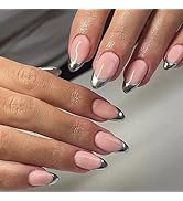 Medium Almond Press on Nails Silver Fake Nails Glossy False Nails with Designs Solid Color Glue o...