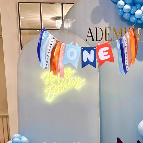 Image of Light Blue Navy Orange High Chair Banner and Cake Topper Cute Puppy Highchair Garland One Happy Birthday Highchair Photo Prop