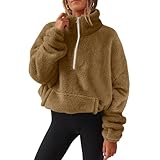 DAMEN HALBER REISSVERSCHLUSS FLEECE PULLOVER JACKE STRICKJACKEN FLAUSCHIG TEDDY PULLOVER HOODIE MIT STEHKRAGEN TASCHEN FRAUEN LANGARM PLÜSCH SWEATSHIRT GEMÜTLICH CASUAL WINTER TOP, HELLBRAUN, L