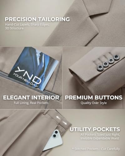 Image of YND Men's 3 Piece Suit with Tie, Solid Color Slim Fit Jacket Vest and Pants