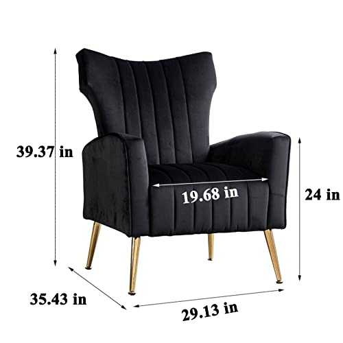 Artechworks Curved Tufted Accent Chair With Metal Gold Legs Velvet Upholstered Arm Club Leisure Modern Chair For Living Room Bedroom Patio， Black #TOP1