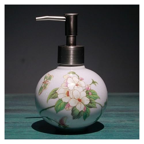 バスルーム用ソープディスペンサー 詰め替え可能なハンドローションポンプボトル セラミック バスルーム キッチン用 丸いボール型 装飾 ヴィンテージ 中国絵画 美しいキッチンインテリア(White a)