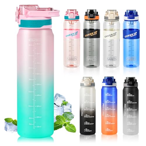 SEASEVEN Sports Water Bottle 1L,Plastic Drinks Bottle,1 Litre Water Bottles with Time Markings,Girls Boys Waterbottle Leak-Proof & Bpa-Free for Gym,School, Office, Outdoor(Pink-Cyan)