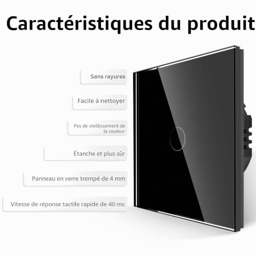 JIMEIDA Interrupteur unipolaire, pas de fil neutre nécessaire, interrupteur de contrôle tactile avec panneau en verre noir, interrupteur mural moderne avec rétroéclairage LED, 1 interrupteur 1 voie – vue 3