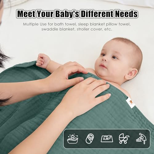Image of Sunny zzzZZ Muslin Hooded Baby Bath Towels - 3 Pack 100% Cotton Soft Low-Saturation Pastel Towels Including Classic White for Newborns, Infants, Toddlers - 32x32 Inch - Deep Emerald and White