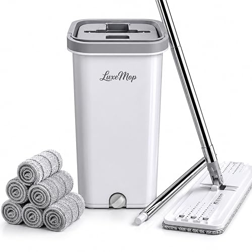 LUXE MOP - Flat Mop and Bucket Set with Wringer, 6 Washable Microfiber Pads, Hands Free Floor Cleaning System, Wet & Dry Use for Home, Kitchen & All Floor Types