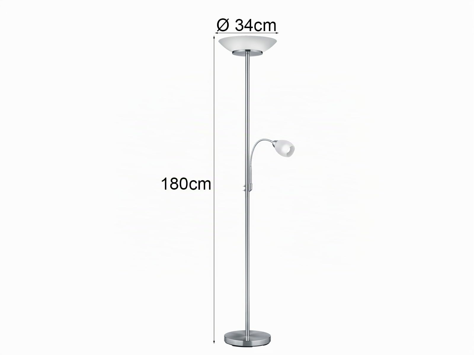 meineWunschleuchte Decken-fluter mit Leselampe & Glassschirm, Silber | Höhe 180cm, mit 2x E27 & 1x E14 LED, flex Leselicht, getrennt schaltbar, klassisches Design, Stehlampe zum Lesen