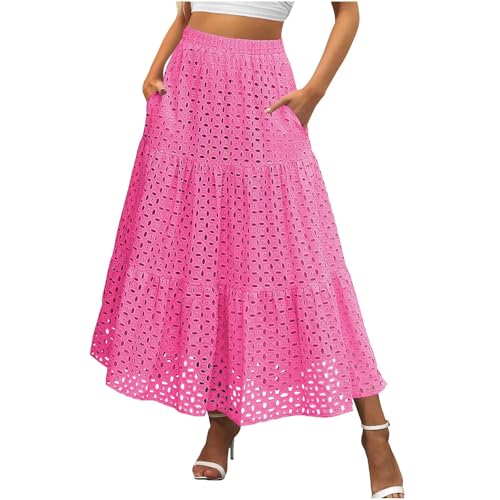 Women's Flowy Maxi Skirts Boho Crochet Hollow Out Knit Flower Lace Skirt Casual Trendy Fashion Skirt with Pockets