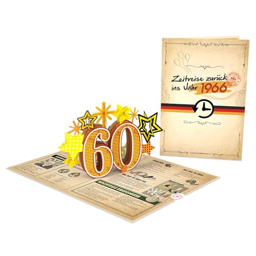 papercrush® Pop-Up Karte „Zurück ins Jahr 1966“ - Lustige 3D Geburtstagskarte zum 60. Geburtstag für Frau & Mann - Besondere Glückwunschkarte 60 Jahre mit lustigen Fakten zum Jahrgang